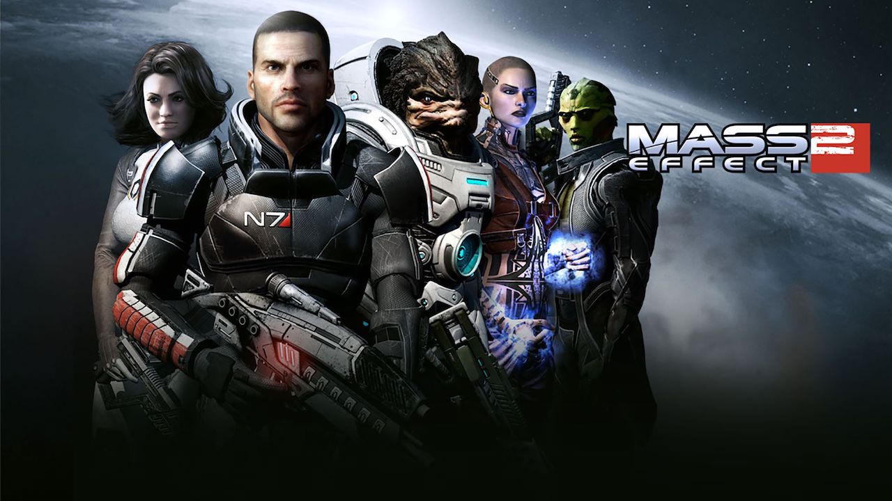 Tutti i protagonisti di Mass Effect 2 rivestiti delle loro tute spaziali rivolti verso di noi