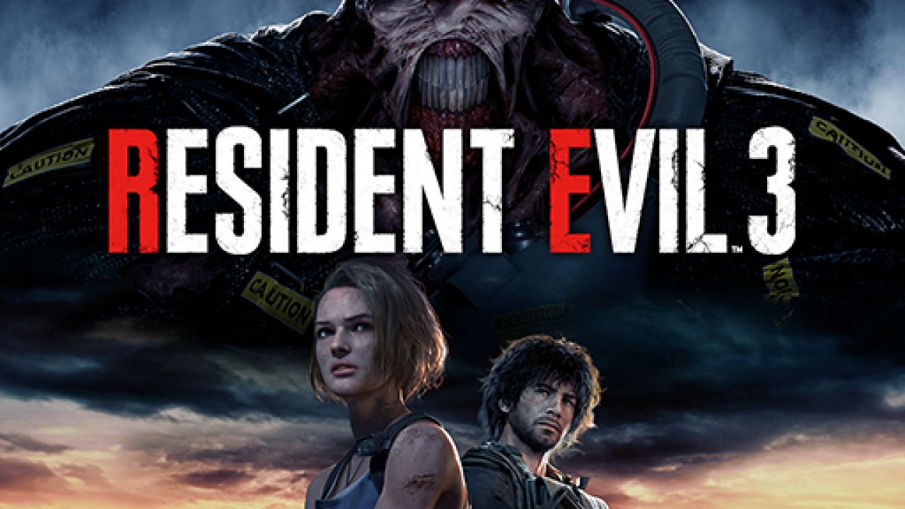 Sullo sfondo i personaggi Jill e Carlos ed il nemico tyrant Nemesis, logo di Resident Evil 3