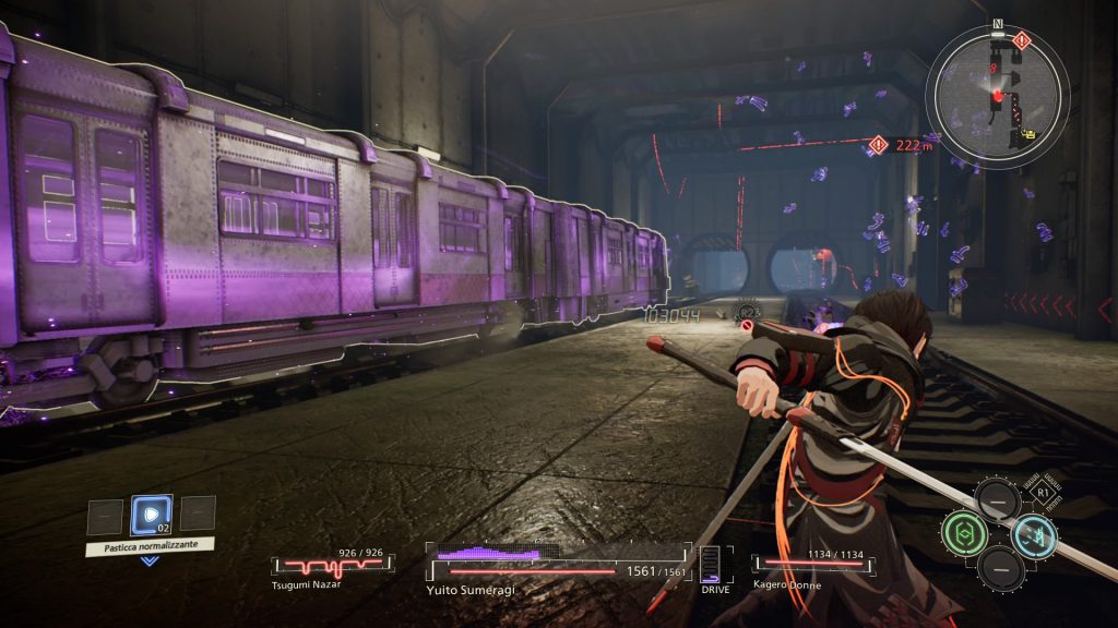 Yuito, protagonista di Scarlet Nexus, mentre usa il suo potere psicocinetico su un treno