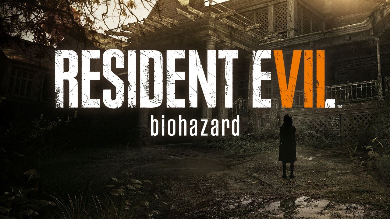 resident evil, casa abbandonata in sfondo e logo del videogioco in primo piano