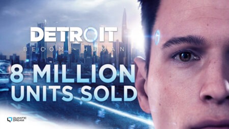 Connor di Detroit: Become Human con la scritta che celebra gli 8 milioni di copie vendute