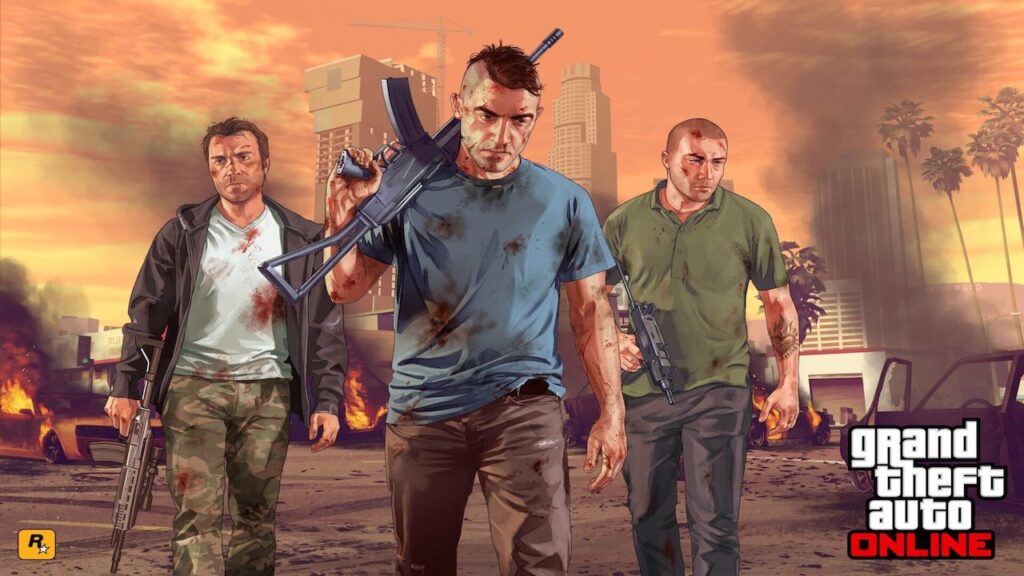 Tre personaggi di GTA Online mentre imbracciano delle armi