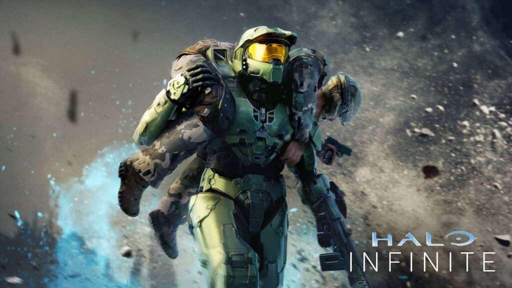Master Chief di Halo Infinite che porta in spalle un soldato