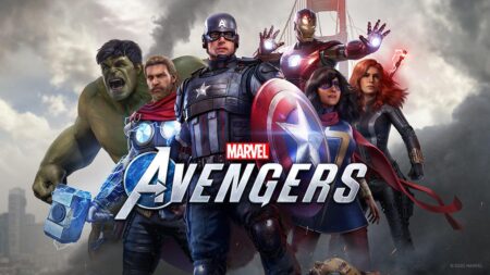 I Vendicatori principali di Marvel's Avengers con il logo del gioco