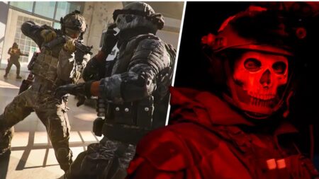 I soldati di Modern Warfare 2 che si danno battaglia e Ghost che osserva minaccioso