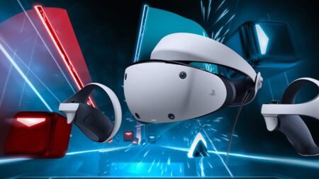 PlayStation VR2 con un videogioco VR sullo sfondo
