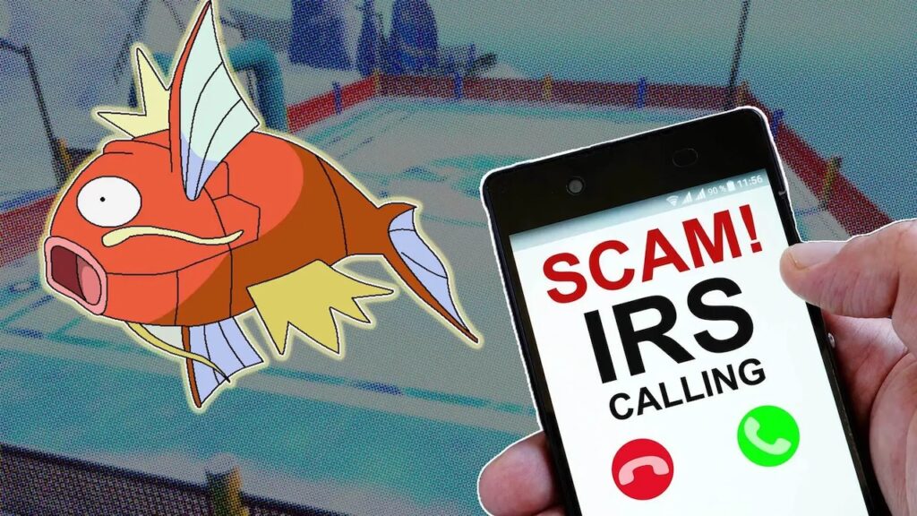 Magikarp di Pokémon con uno smartphone che indica uno scam