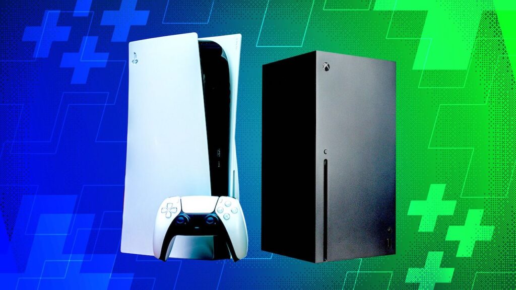 PS5 ed Xbox Series X, con sfondo blu e verde