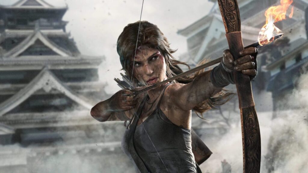 Lara Croft di Tomb Raider che tende un arco