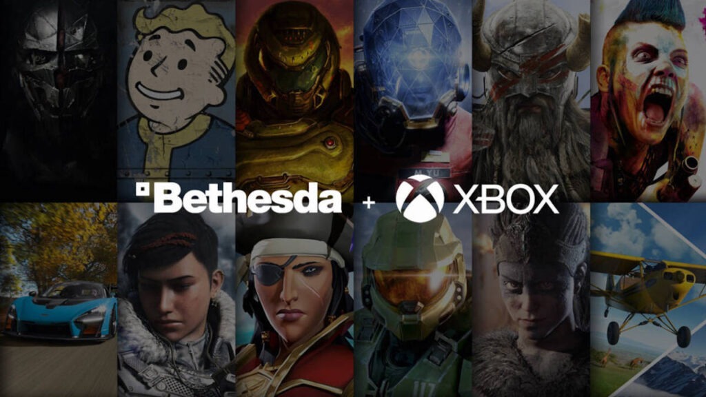 I loghi di Bethesda ed Xbox con sullo sfondo i giochi delle due compagnie