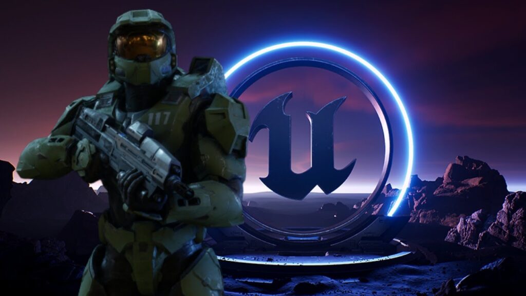 Master Chief di Halo con dietro il logo dell'Unreal Engine
