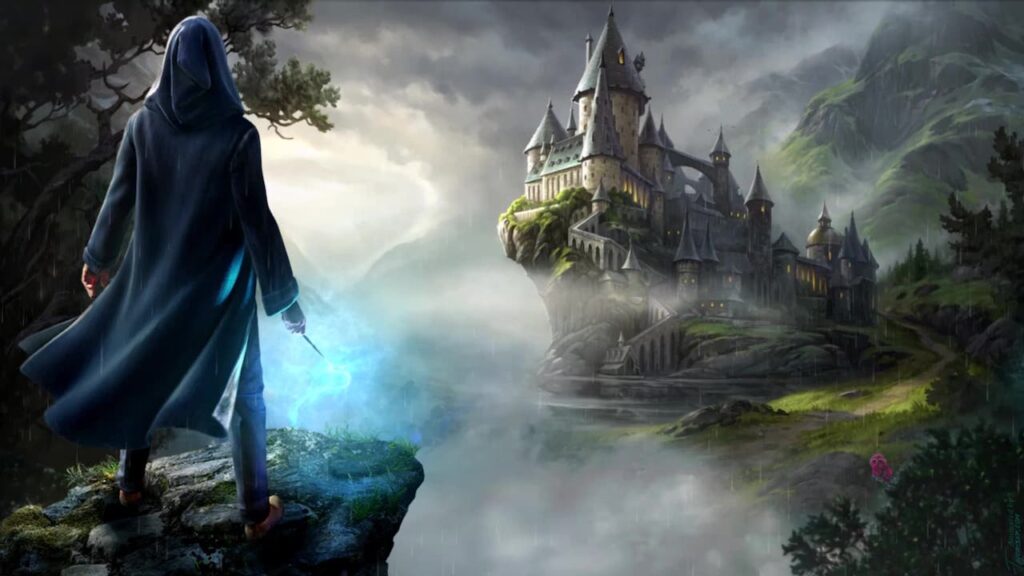 Il protagonista di Hogwarts Legacy in primo piano mentre ammira il castello di Hogwarts