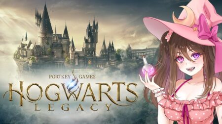 Il logo di Hogwarts Legacy con una VTuber