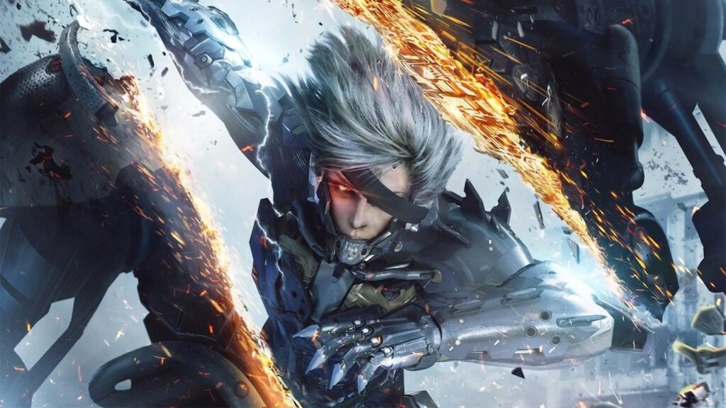 Raiden di Metal Gear Rising: Reveangence che taglia a metà un nemico robotico