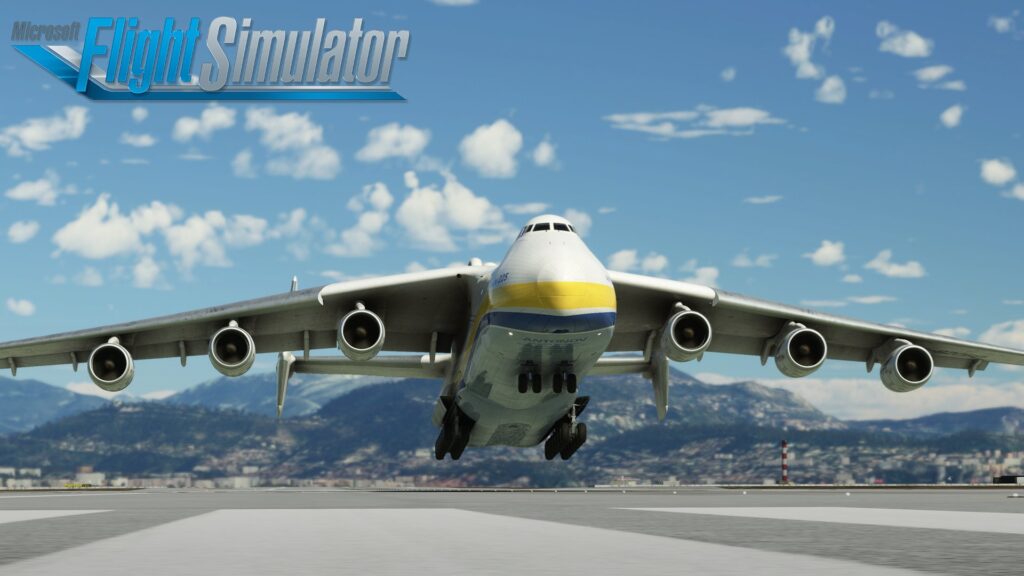l'aereo antonov an-225 che decolla in microsoft flight simulator
