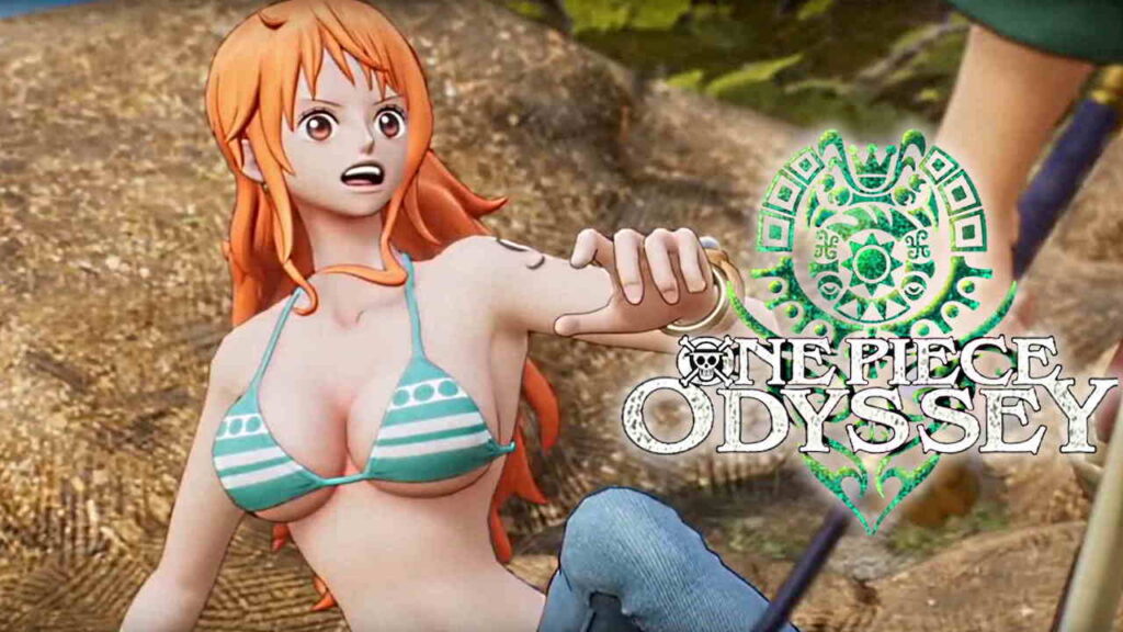 Nami di One Piece Odyssey in primo piano con il logo del gioco