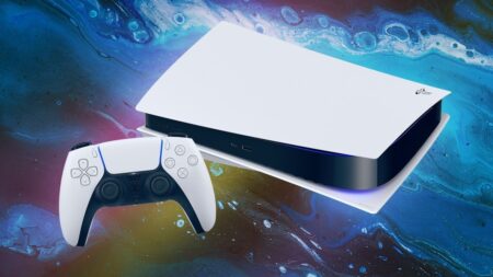 PS5 ed il DualSense con uno sfondo formato da onde