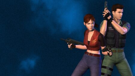 Resident Evil Code Veronica Remake, Capcom non chiude le porte al progetto claire redfield e chris redfield con le armi in pugno, sfondo blu