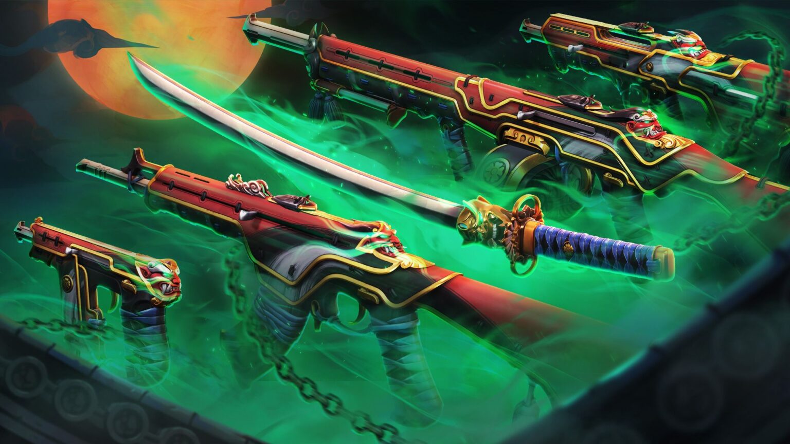alcune armi dei nuovi aspetti della skin Oni di Valorant