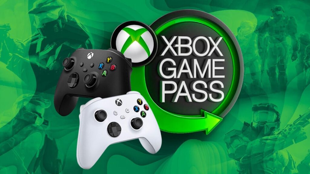 Il logo di Xbox Game Pass e due controller Xbox