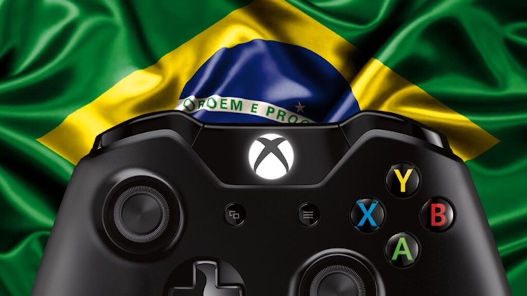 Il controller di Xbox con sullo sfondo la bandiera del Brasile