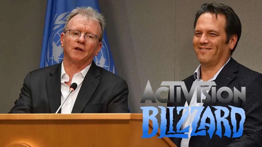 Jim Ryan di Sony al fianco di Phil Spencer di Xbox con il logo di Activision Blizzard