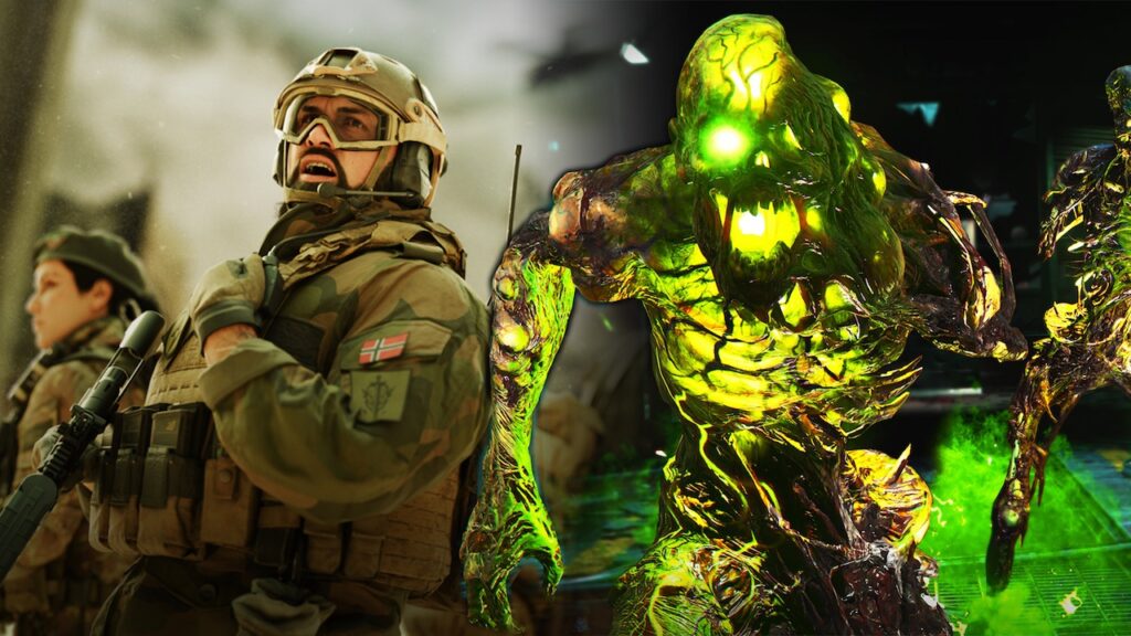Un soldato di Call of Duty con al fianco uno Zombie