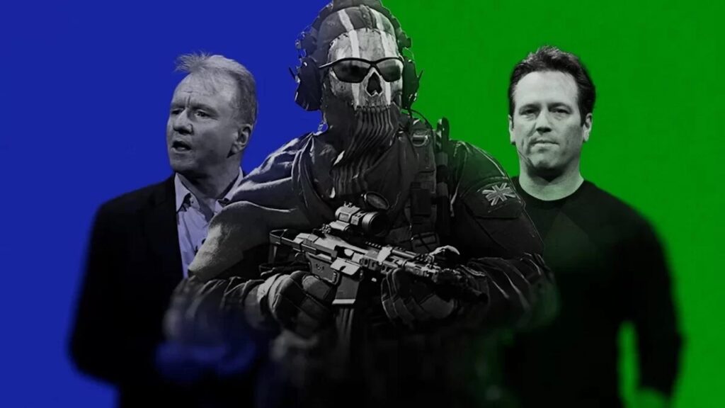Jim Ryan di Sony al fianco di Phil Spencer di Microsoft Gaming Xbox con al centro Ghost di Call of Duty