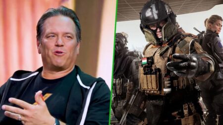 Phil Spencer al fianco di un soldato di Call of Duty