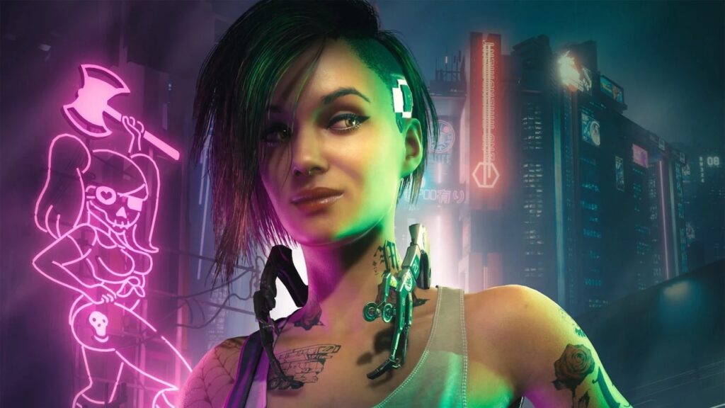 Judy di Cyberpunk 2077 in primo piano con uno sfondo futuristico