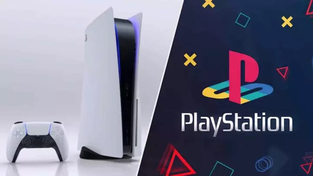 La PS5 in verticale con affianco il logo di PlayStation