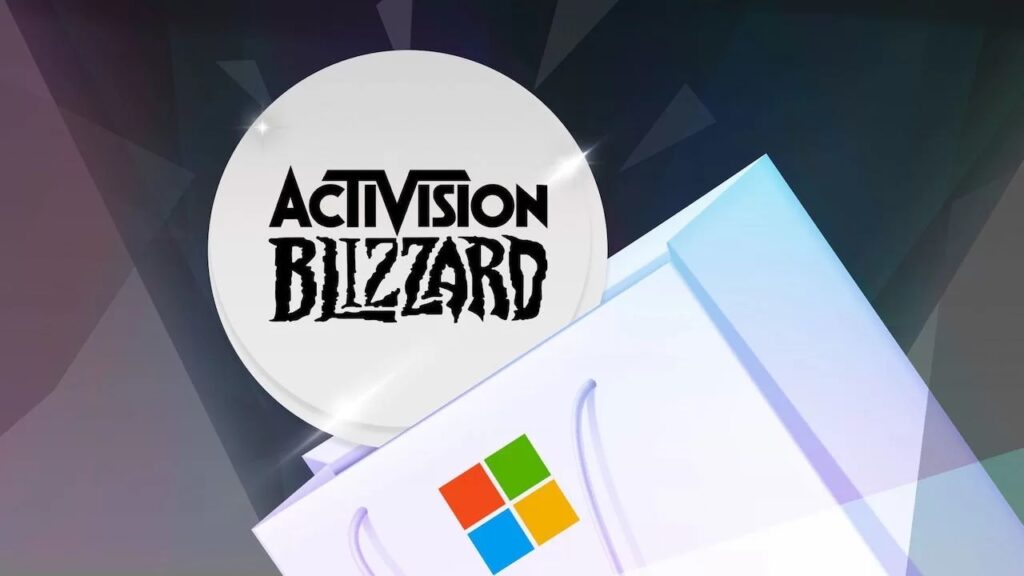 Il logo di Activision Blizzard che sta per entrare nel sacchetto con il logo di Microsoft