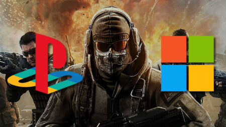 Il logo di Sony al fianco del logo di Microsoft con Ghost di Call of Duty al centro
