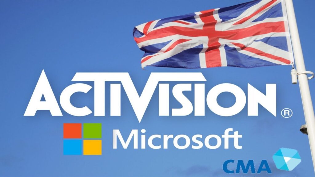 La bandiera del Regno Unito con sotto il logo di Activision e di Microsoft e della CMA