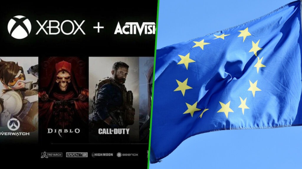 Microsoft Xbox + Activision Blizzard con la bandiera della Commissione Europea