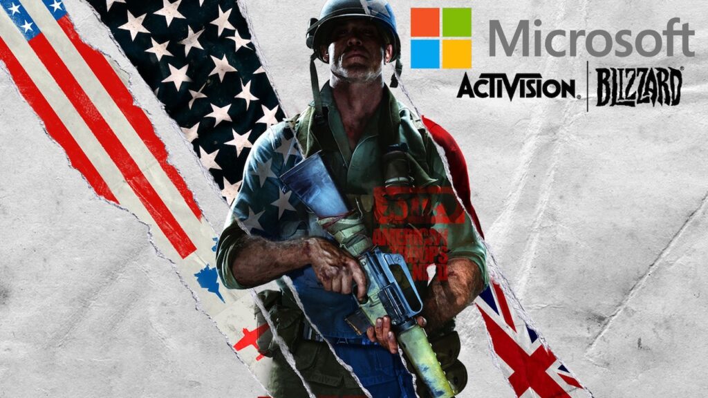 Un soldato di Call of Duty con I loghi di Microsoft ed Activision Blizzard