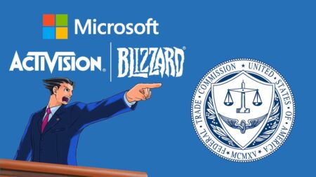Il logo di Activision Blizzard e Microsoft con un avvocato che indica quello della FTC