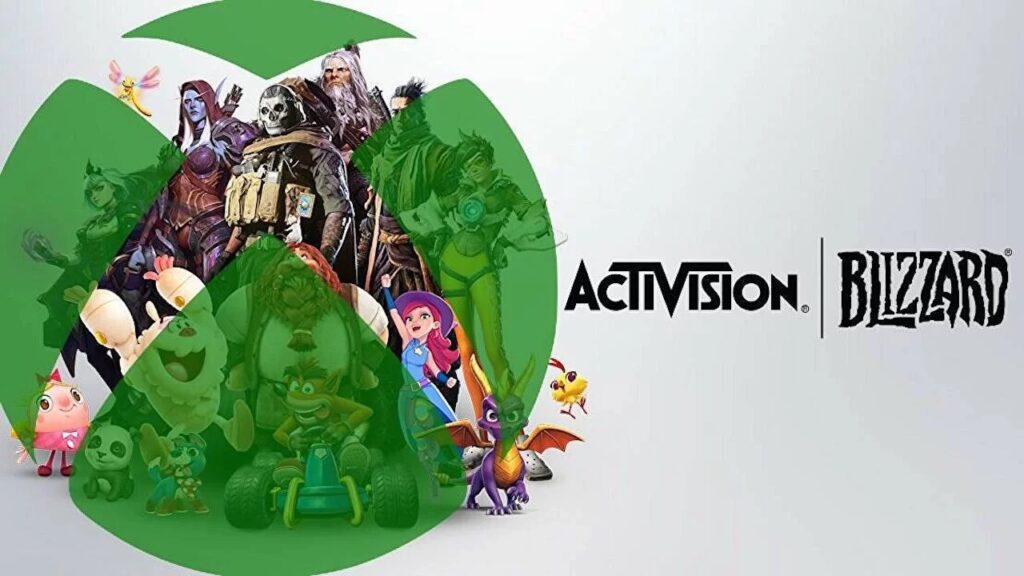 Il logo di Xbox ed Activision Blizzard con alcuni personaggi sullo sfondo
