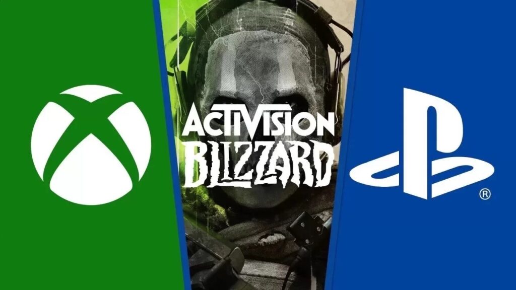 Il logo di Xbox con in mezzo quello di Activision Blizzard ed affianco quello PlayStation