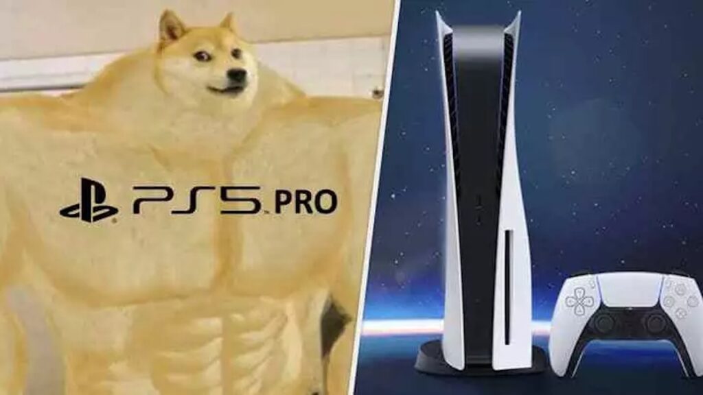 Uno Shiba-Inu con il logo di PS5 Pro al fianco di una PS5