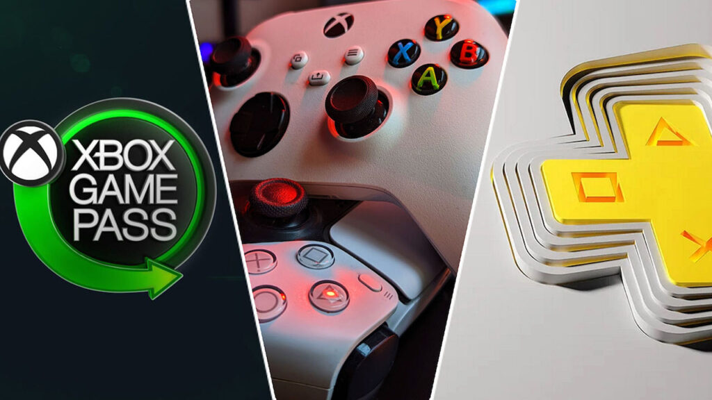 Il logo di Xbox Game Pass, quello di Sony PlayStation Plus ed i controller in mezzo di xbox e PS5