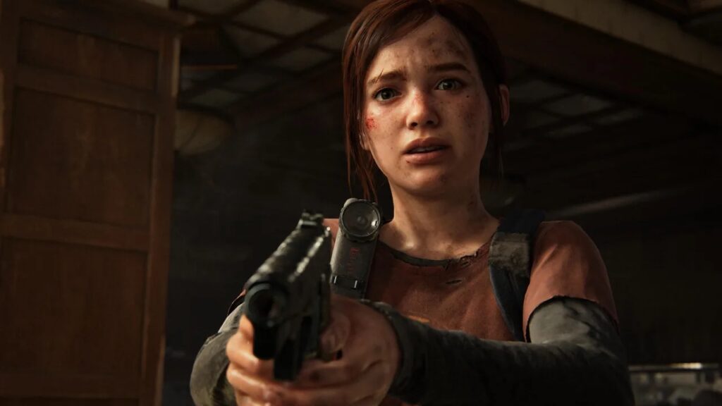 Ellie di The Last of Us Parte in primo piano mentre mira con una pistola