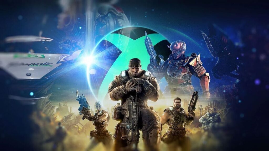 Il logo di Xbox come vari personaggi Microsoft sullo sfondo