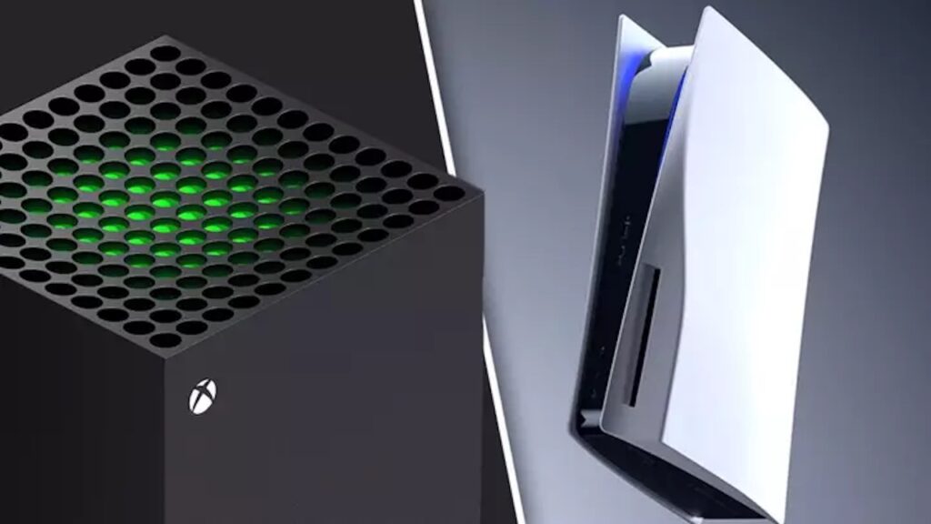 Una Xbox Series X con affianco una PS5
