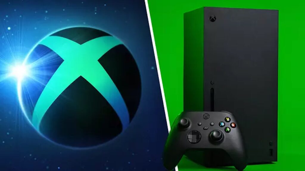 Il logo di Xbox con una Xbox Series X di fianco