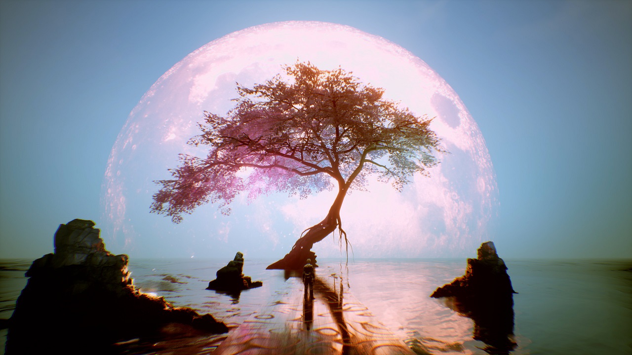 Akita contempla un albero, sullo sfondo di una luna rosa