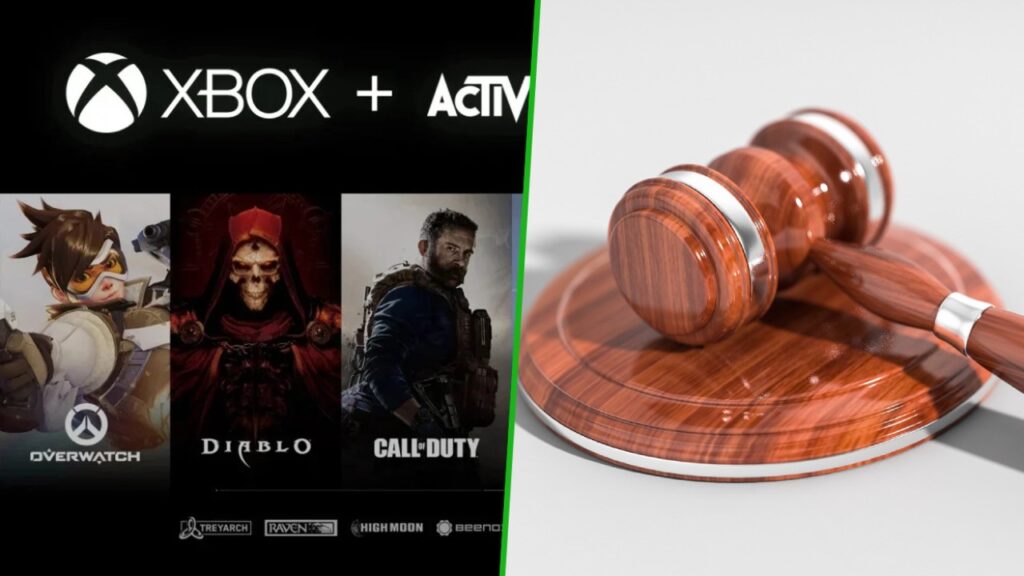 Il logo di Xbox con i giochi Activision Blizzard ed affianco un martello di legno dei tribunali