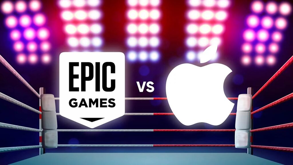 Il logo di Epic Games Vs quello di Apple su un ring