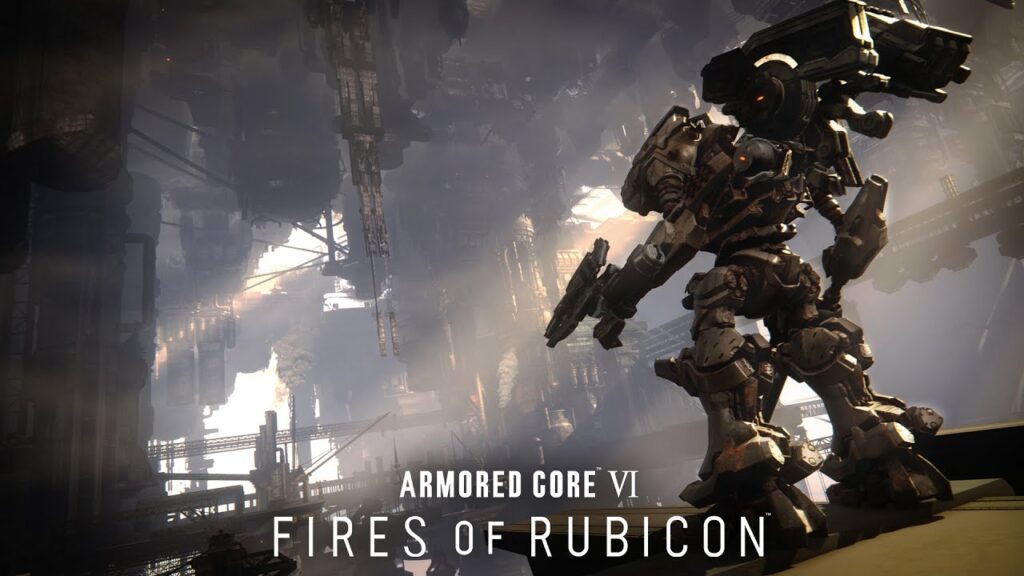 Il robot principale di Armored Core 6: Fires of Rubicon in primo piano con il logo del gioco in basso