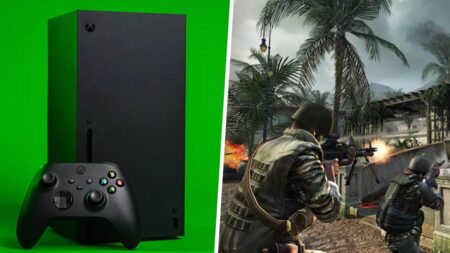 Una Xbox Series X a sinistra con al fianco un'immagine di un vecchio Call of Duty